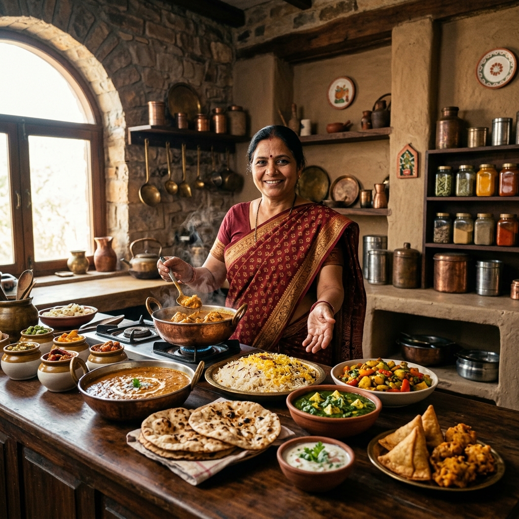 Indian woman cooking home food